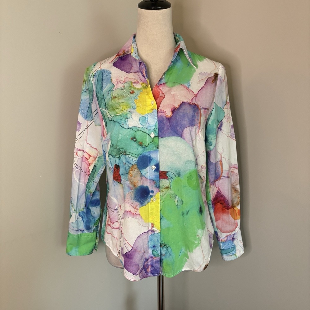 Vilagallo Mafalda Watercolor Abstract Art Cotton Button Up Blouse Shirt 36 US 4